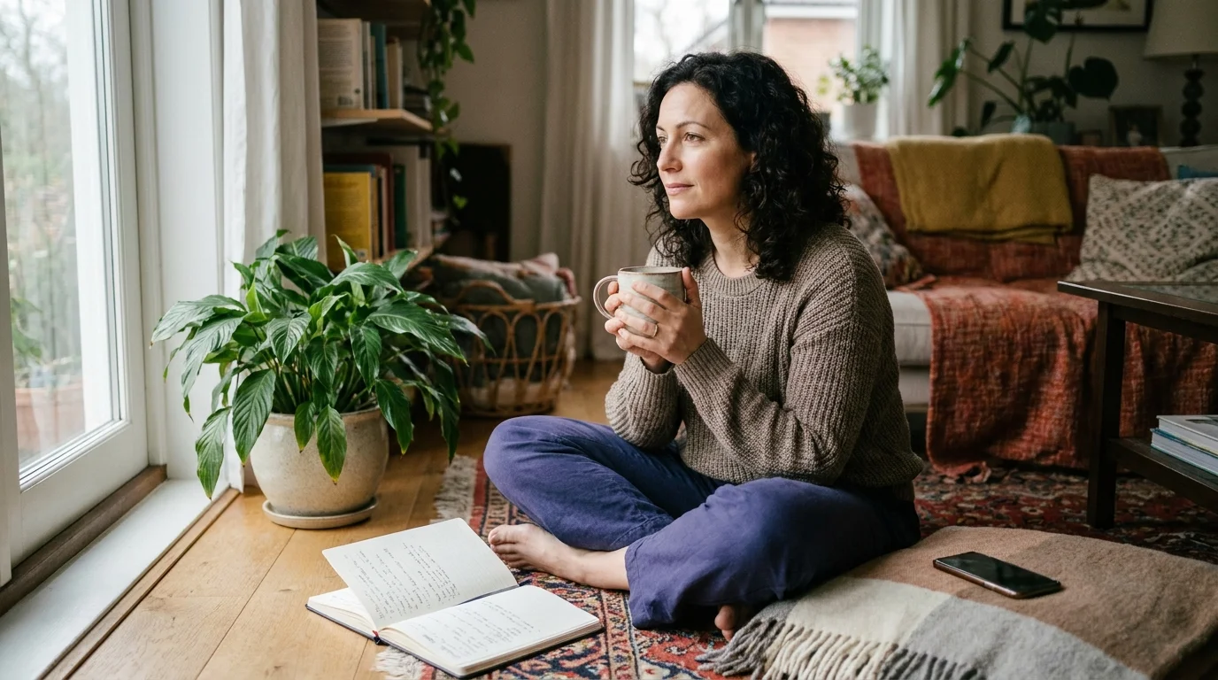 Woman relaxing cross-legged with tea and a journal by a sunlit window, phone face-down, a moment of holistic well-being