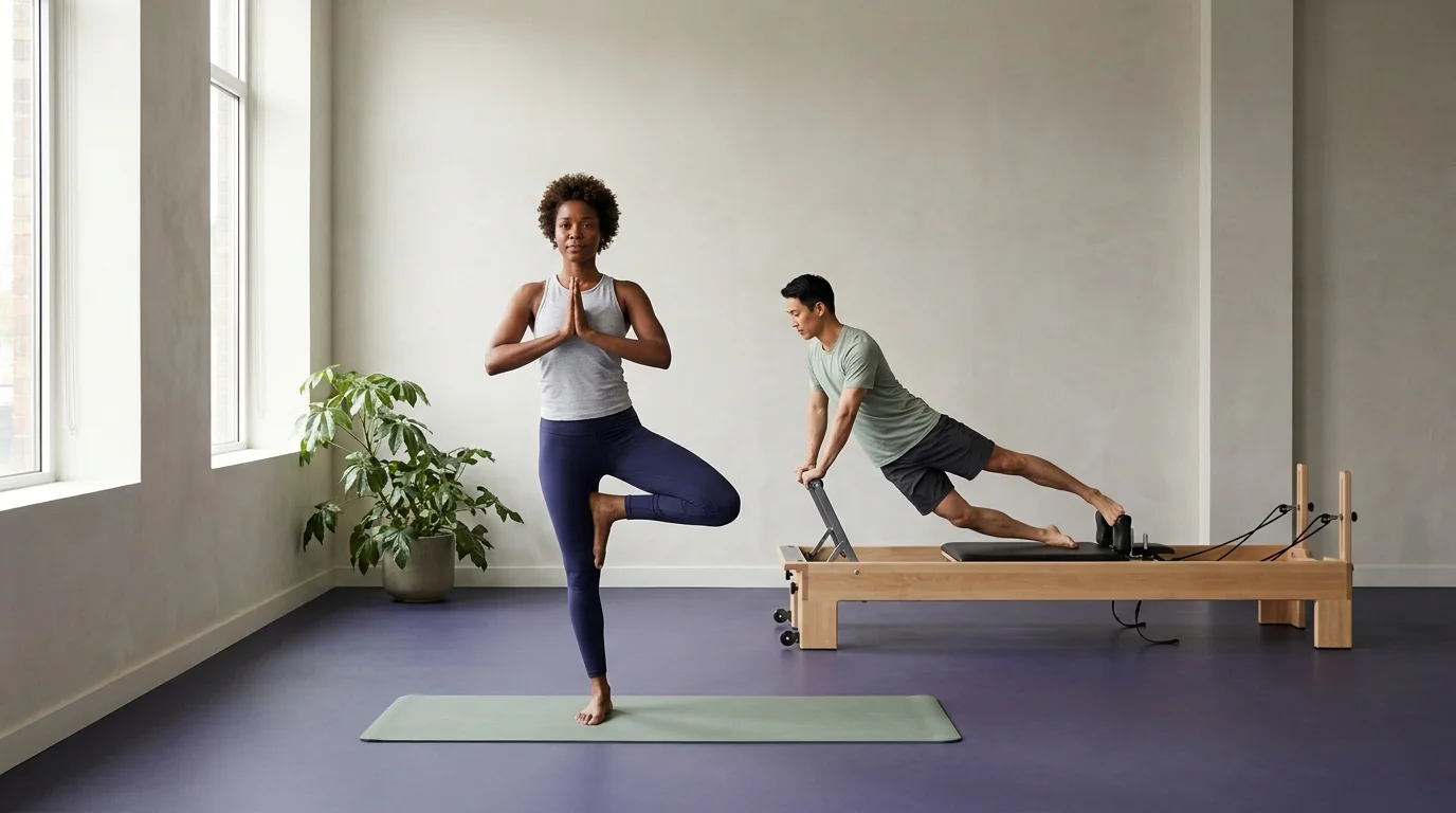 Yoga vs Pilates in one bright studio, a woman in a standing yoga pose and a man on a Pilates reformer