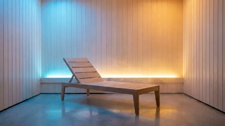 Empty modern spa relaxation room with a wooden lounge chair under soft blue-to-amber colored LED light