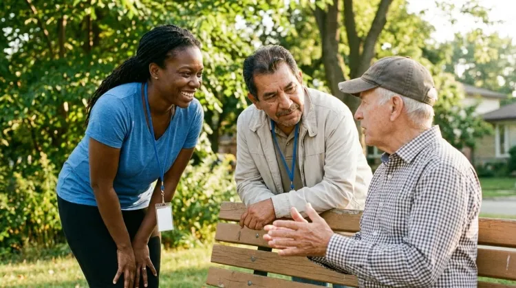 Two community health workers in conversation with an older resident on a sunny park bench