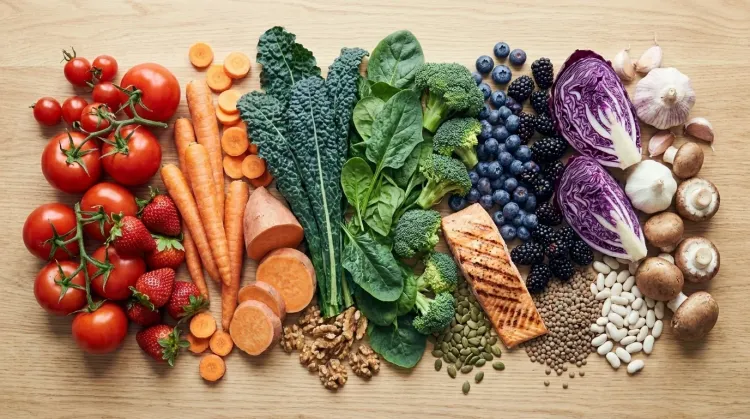 An overhead 'eat the rainbow' spread of whole foods grouped by color — red, orange, green, blue-purple, and white produce