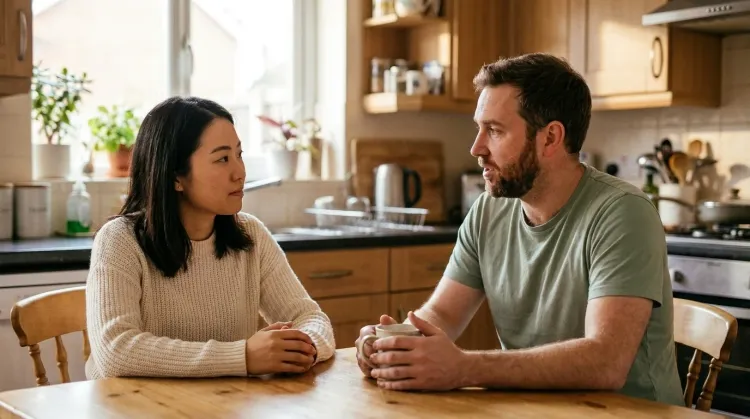 Two friends in everyday clothes in a sincere one-on-one conversation at a home kitchen table in warm natural light