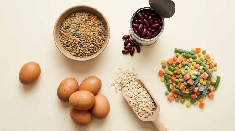 Overhead of budget staples — dried lentils, canned beans, eggs, oats and frozen vegetables on a cream surface