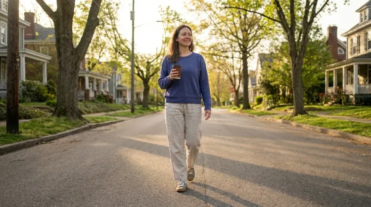 A person on a calm, unhurried morning walk with a coffee along a quiet leafy neighborhood street in soft early light