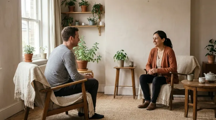 A holistic wellness practitioner and client mid-session in a small, calm plant-filled studio with wood chairs and linen