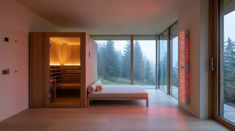 Cedar infrared sauna and red-light panel in a minimalist resort longevity suite with floor-to-ceiling forest views