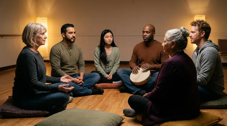 Small diverse group seated in a circle on cushions in warm light, one holding a hand drum, regulating together