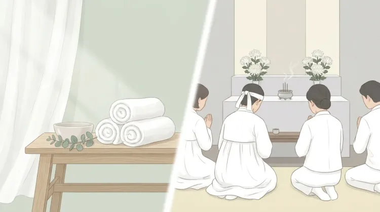 Split illustration of the color white: a serene Western spa on one side, an East Asian white mourning scene on the other