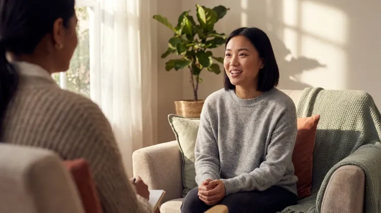 Young adult sitting and talking with a therapist whose back is to the camera in a calm, well-lit counseling office
