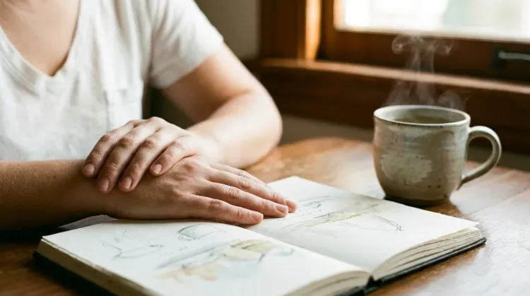 A person's hands resting on an open sketchbook beside a steaming cup of herbal tea in soft window light