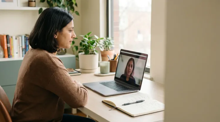 Person attending a video coaching session on a laptop at a tidy home desk with a notebook open beside them