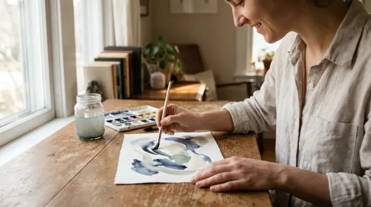 A person at a sunlit table painting soft washes of watercolor, calm and absorbed in art therapy techniques