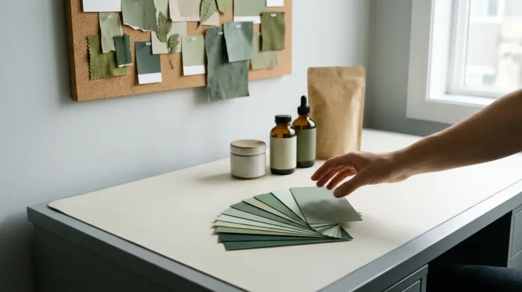 Designer selecting wellness branding colors from green swatch chips at a studio desk