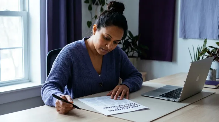 Woman at a sunlit desk comparing a printed article and a laptop to evaluate health information