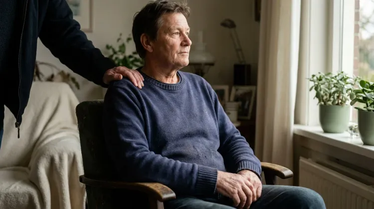 A composed person seated by a window in a quiet moment of resilience, a loved one's hand resting in support on their shoulder