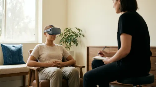 A person wearing a VR therapy headset beside a guiding clinician in a calm modern AI mental health clinic