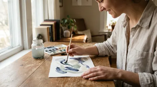 A person at a sunlit table painting soft washes of watercolor, calm and absorbed in art therapy techniques