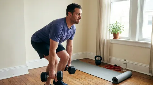 Everyday woman performing a dumbbell hip hinge with neutral-spine form in a sunlit home workout space