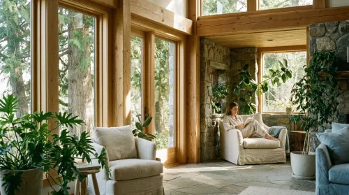 A biophilic design reading nook with a chair by floor-to-ceiling windows framing trees, natural wood and stone, and plants