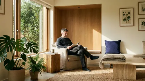 Man reading in a sunlit biophilic interior design living room with a window nook, plants and natural timber