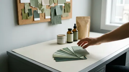 Designer selecting wellness branding colors from green swatch chips at a studio desk