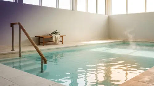 Clinical hydrotherapy pool with a warm-wood handrail and a folded towel on a bench in mid-morning daylight