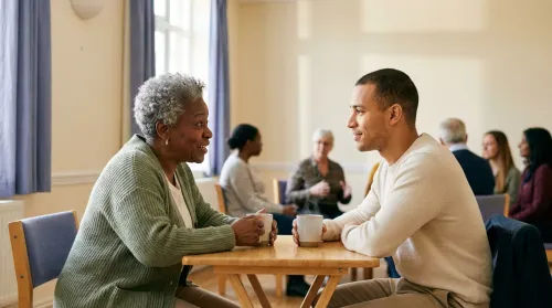 Older woman and young man talking warmly over tea in a community room where neighbors gather for mental health support