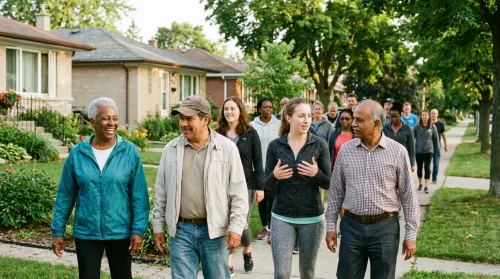 Diverse intergenerational community walking group strolling a tree-lined neighborhood path in warm morning light