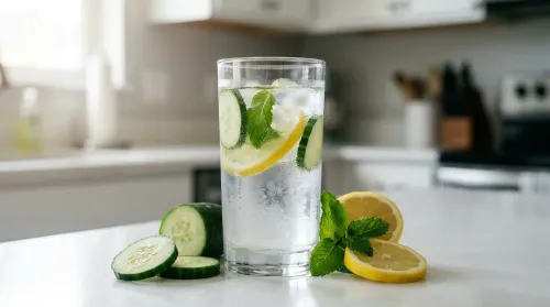 Tall glass of cucumber, lemon and mint infused water on a bright counter, the honest version of detox drinks