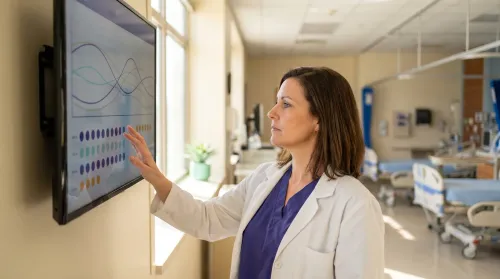 Clinician studying a hospital monitor of patient vital signs and color-coded risk scores in a ward