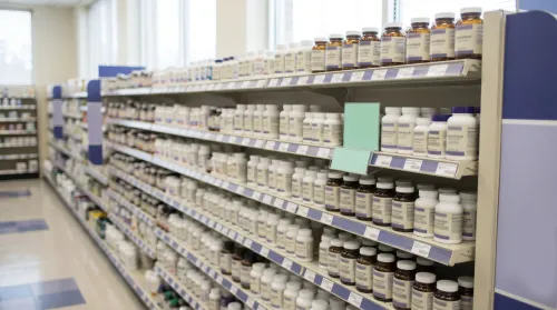 Wide view of a pharmacy supplement aisle with rows of near-identical white bottles under clean retail light