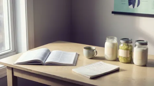 Dietitian's home study with fermented food jars beside an open journal on a wooden desk in mid-morning light, gut-brain connection