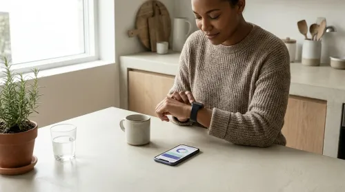 A person at a sunlit kitchen counter checks a smartwatch beside a phone showing a digital wellness dashboard