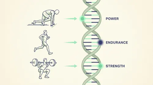 Editorial DNA-fitness illustration — helix and three athlete silhouettes labeled POWER, ENDURANCE, and STRENGTH