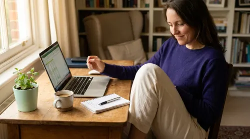 Person reviewing finances at a sunlit desk with laptop, notebook and coffee, calmly in control of their financial wellness