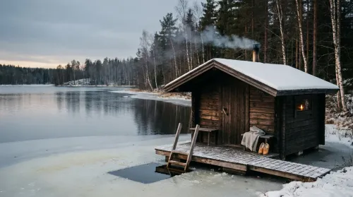 Wood-fired Finnish savusauna by a half-frozen lake in winter dusk light with smoke rising in cold air