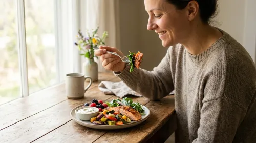 A relaxed person at a sunlit table where food and mood meet, enjoying a colorful plate of salmon, greens, and berries