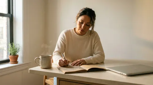 A founder writing in a paper journal at a kitchen island in soft morning light, coffee steaming and laptop closed