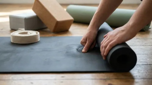 Hands pressing a thumb into a yoga mat to test density, with blocks and a strap of yoga gear arranged on a wood floor
