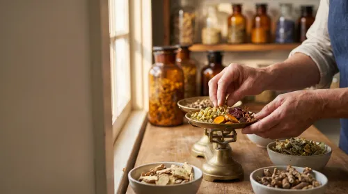Herbalist's hands measuring dried healing herbs on a small brass balance scale at a warm wooden apothecary counter