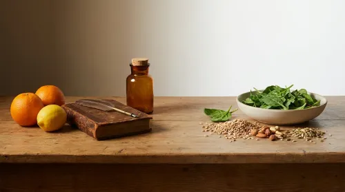 Still life pairing an aged ledger, quill, citrus and an amber vial with fresh greens in a modern bowl