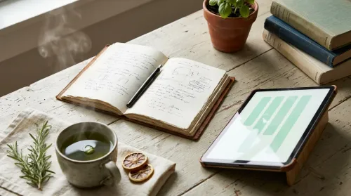 Flat-lay of holistic nutritionist career research — notebook, tablet comparison, herbal tea, basil sprig on light wood