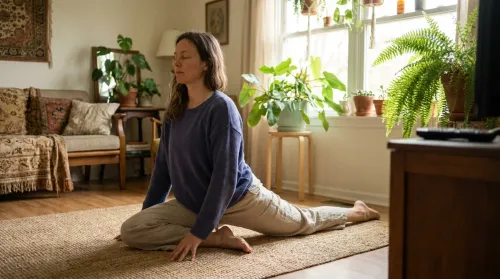 A person practicing everyday holistic wellness with a gentle morning stretch in a bright, plant-filled living room