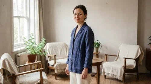 A solo holistic wellness practice owner standing in their small, calm plant-filled studio, welcoming and professional