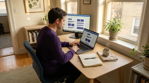 Hybrid worker in a designed home office working at a laptop in afternoon light for a workplace wellness program
