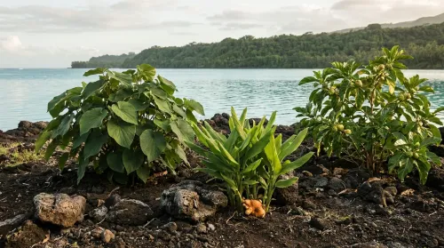 Pacific Island indigenous healing plants — kava, turmeric, and noni — growing on volcanic soil above a lagoon