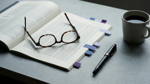 Reading glasses resting on an open printed report with tabbed pages beside a coffee and pen, an ethics in healthcare review