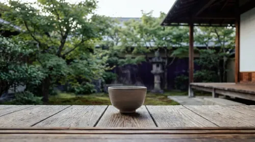 Single tea bowl on a sunlit wooden veranda framing a green Japanese garden, a calm mindful living scene