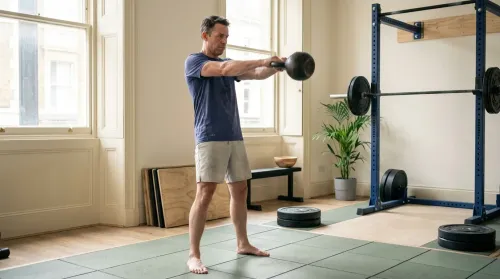 Mid-forties person at the apex of a kettlebell swing in a modern functional gym for fitness trends 2026