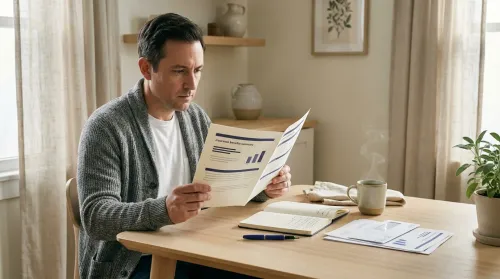 Person at a sunlit kitchen table reviewing whether integrative medicine is covered by insurance, with bills and a herbal tea
